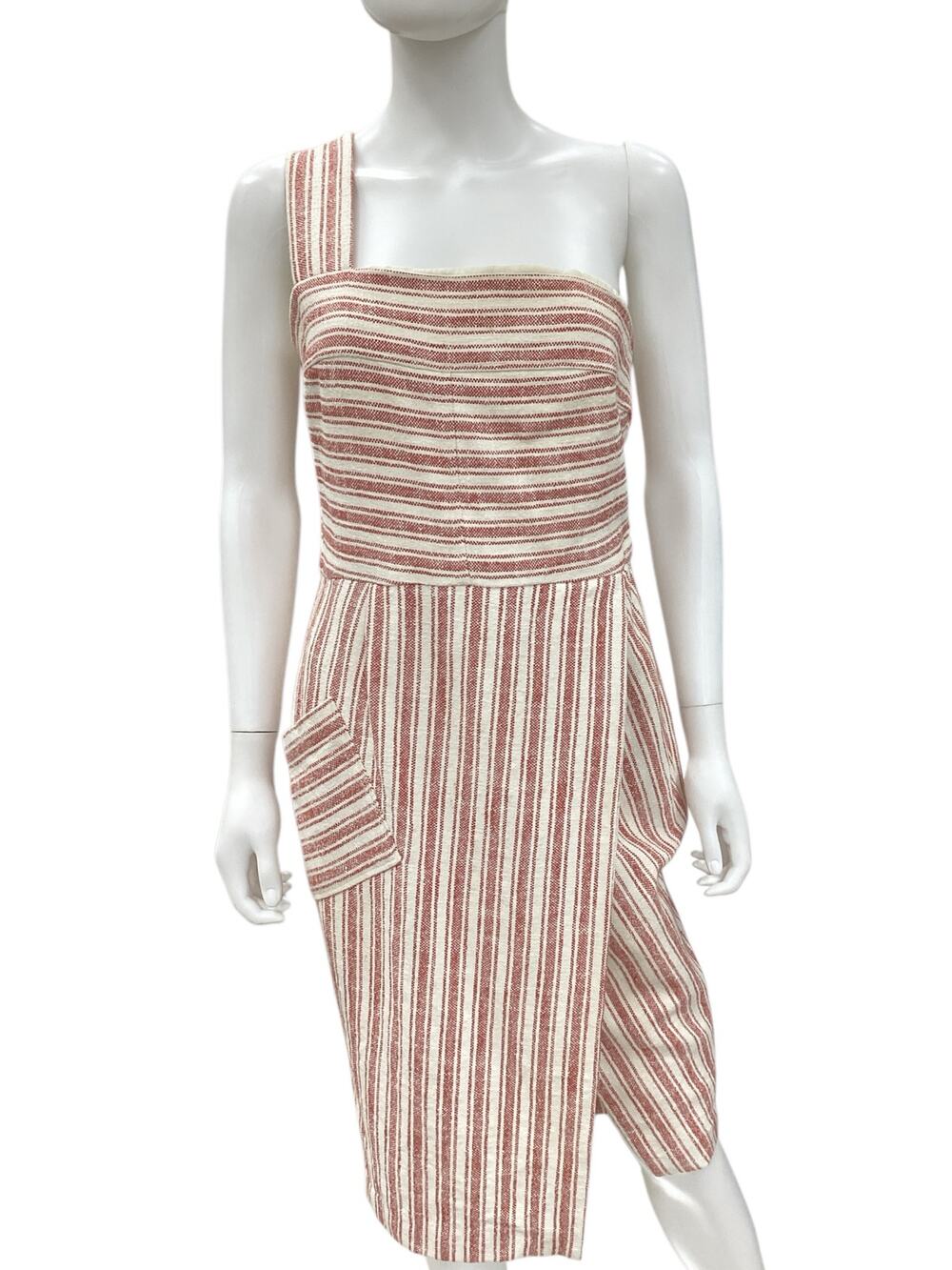 Rachel Zoe Dress Women’s SZ 6 Cotton Linen Blend Stripes One Shoulder Cream &Red